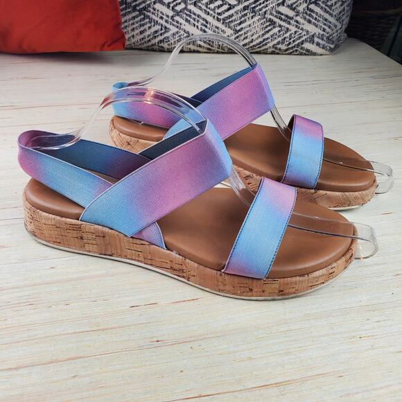 STEVE MADDEN | Elastic Strap | Blue/Pink | Cork Platform Gladi Sandals | Sz 8.5 - Picture 1 of 7